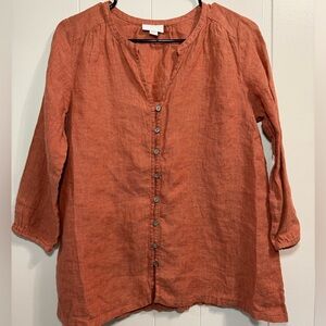 Purejill 100% Linen Women’s orange Button-Down petite small 3/4  sleeve shirt